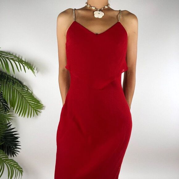 Vintage 90s Niki Livas Red Spaghetti Strap Prom Evening Gown Maxi Dress / Size 4 - Picture 3 of 8
